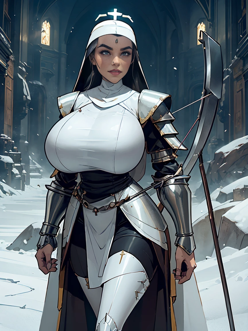 (masterpiece, top quality, best quality, official art, beautiful and aesthetic:1.2), (1girl:1.3), ((Sharp facial features, sharp features, hawkish features)), ((grey eyes)), busty paladin knight girl, extremely detailed, portrait, looking at viewer, solo, (full body:0.6), detailed background, full-body shot, (cold mountain nighttime glacier theme:1.1), holy knight, (nun), charlatan, smirk, mysterious, swaying in mountains, armor, polished metal, gold trim, long boots, white fabric, pelvic curtain, robe, pale leather, ((((nun, crossbow, heavy armor, armored, long legs, robes, prayer scrolls, toned, muscular)))), slim waist, slim hips, long legs, medieval (mountain exterior:1.1) background, dark mysterious lighting, shadows, magical atmosphere, dutch angle