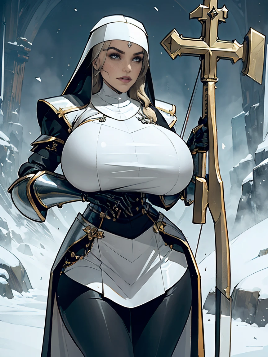 (masterpiece, top quality, best quality, official art, beautiful and aesthetic:1.2), (1girl:1.3), ((Sharp facial features, sharp features, hawkish features)), ((grey eyes)), busty paladin knight girl, extremely detailed, portrait, looking at viewer, solo, (full body:0.6), detailed background, full-body shot, (cold mountain nighttime glacier theme:1.1), holy knight, (nun), charlatan, smirk, mysterious, swaying in mountains, armor, polished metal, gold trim, long boots, white fabric, pelvic curtain, robe, pale leather, ((((nun, crossbow, heavy armor, armored, long legs, robes, prayer scrolls, toned, muscular)))), slim waist, slim hips, long legs, medieval (mountain exterior:1.1) background, dark mysterious lighting, shadows, magical atmosphere, dutch angle