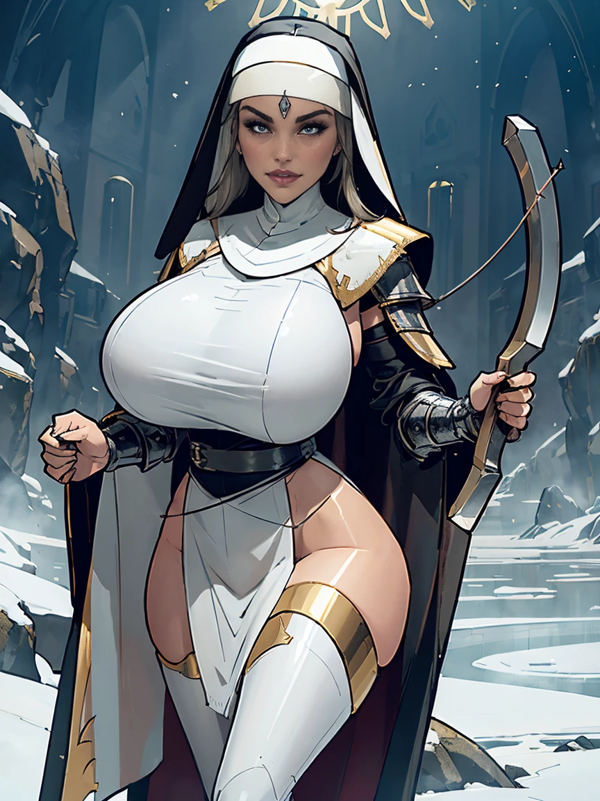 (masterpiece, top quality, best quality, official art, beautiful and aesthetic:1.2), (1girl:1.3), ((Sharp facial features, sharp features, hawkish features)), ((grey eyes)), busty paladin knight girl, extremely detailed, portrait, looking at viewer, solo, (full body:0.6), detailed background, full-body shot, (cold mountain nighttime glacier theme:1.1), holy knight, (nun), charlatan, smirk, mysterious, swaying in mountains, armor, polished metal, gold trim, long boots, white fabric, pelvic curtain, robe, pale leather, ((((nun, crossbow, heavy armor, armored, long legs, robes, prayer scrolls, toned, muscular)))), slim waist, slim hips, long legs, medieval (mountain exterior:1.1) background, dark mysterious lighting, shadows, magical atmosphere, dutch angle