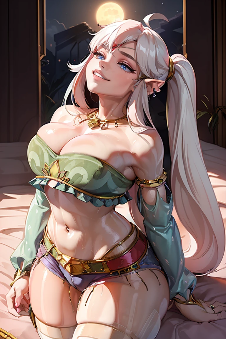 (((1girl))), (red hair), (extremely long hair), (curly hair), (ahoge), (blunt bangs), (twin pigtails), ((((white skin)))), ((moonlight eyes)), ((vibrant eyes)), (accentuated super huge enormously gigantic , cleavage showing), (thick thighs), ((thick lips)), ((wide hips)), (thighhighs), (short shorts), ((pink)), ((lace)), ((long eyelashes)), super detailed, ((best quality)), highres, UHD, textured skin, (indoor)), luxurious bedroom, ((holding stuffed animal)), (((sexy seductive smile))), ((smug)), full of lights, Real Human, huge tit, ((bear ears)), ((((looking up)))), ((looking at viewer)), ((crop top t-shirt, short shorts)), ((tattoo sleeves and piercings)), elf