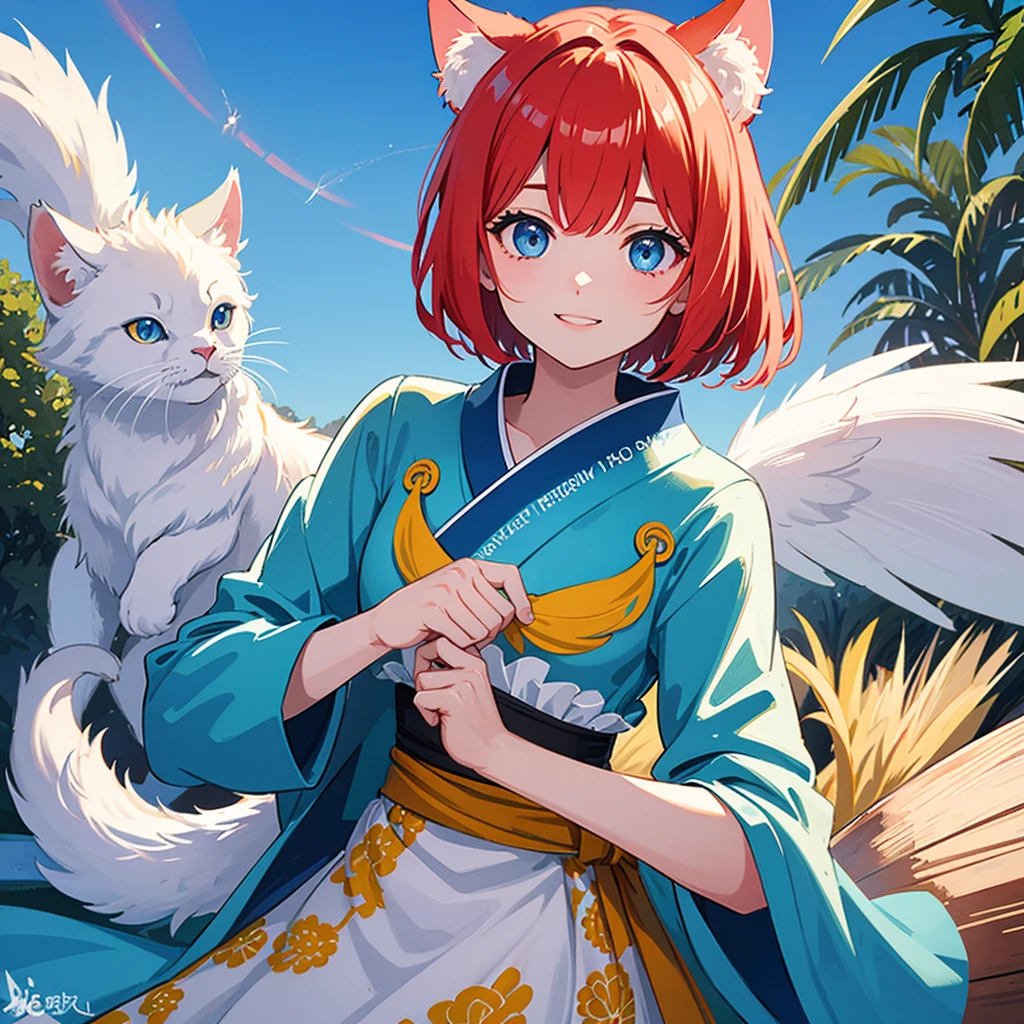 1 girl,Redhead Bob Cut、Long Bangs、Blue eyes、Summery light blue kimono 、Cute smile、From the front towards you、profile,In 8K, Surreal, Lens flare,It looks like a fun atmosphere., Shine, be familiar with, complicated, Many colors, Bright lighting from the front, Trending on Art Station,, Surreal, , 極限be familiar with, Unreal Engine 5, masterpiece, Highest quality、Upper Body、White Feather、Cat ear