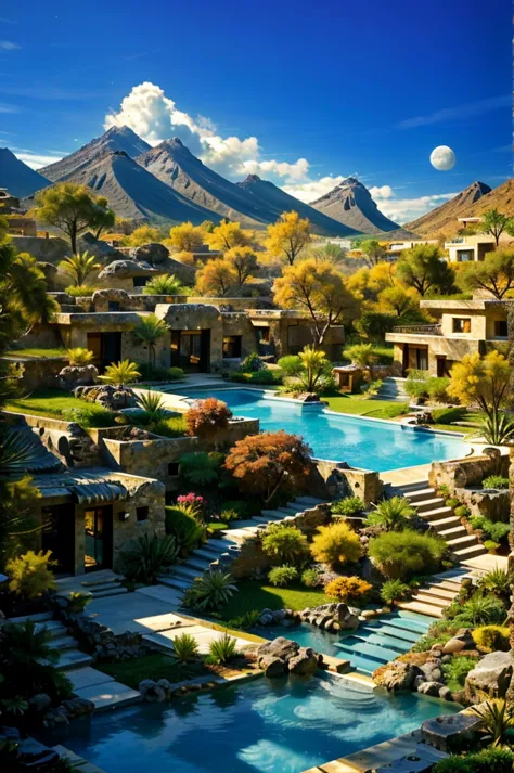 multiple houses, brutalism style, luis barragán, mountains in background, river, pool, terraces, stairs, garden terraces, trees,...