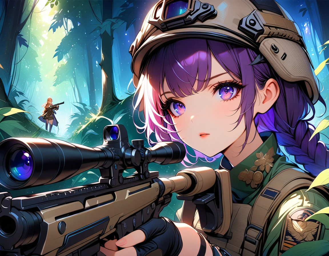 A female sniper, Intricate details, Highly detailed military uniform, Delicate face, beautiful eyes, Long eyelashes, Determine the expression, Holding, In a forest environment, Sunlight through the trees, light, Vibrant colors, Drama, masterpiece,aim