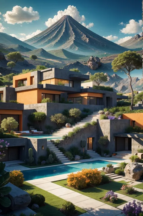 multiple houses, brutalism style, luis barragán, mountains in background, river, pool, terraces, stairs, garden terraces, trees,...