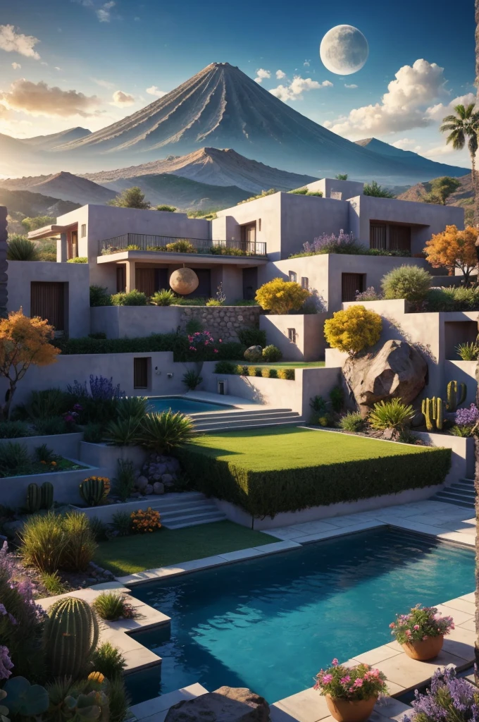 Multiple houses, brutalism style, Luis Barragán, Mountains in background, river, pool, terraces, stairs, garden terraces, trees, beautiful clouds, moon, sun, detailed, cacti, boulders, volcanic rocks, fuggy, Violet, orange, olive green, blue