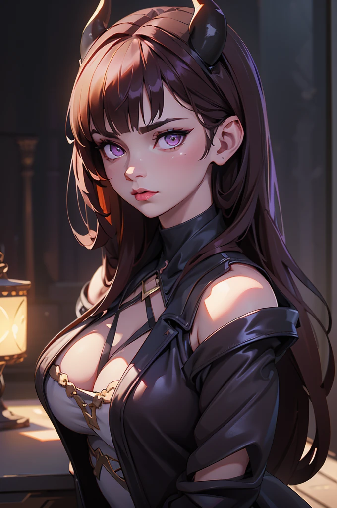 a demonic succubus woman with purple wings and tail, brown hair, golden eyes, thin purple horns, wearing a white dress with a leather jacket, fine facial features and almond-shaped eyes, (best quality,4k,8k,highres,masterpiece:1.2),ultra-detailed,(realistic,photorealistic,photo-realistic:1.37),digital painting,concept art,fantasy,dark fantasy,dramatic lighting,dramatic shadows,cinematic,moody,vibrant colors,glowing eyes
