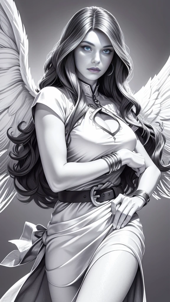 jflw,an animation of a woman in a white dress with a golden belt and wings on her head and her hair in her hand, stanley artgerm lau, a detailed animation, Fantasyart, feathered wings, 
work of art, best qualityer, high-range dynamics, vivid, rich details details, shadows and light highlights, realisitic, concentrated, enhanced contrast, high detailed digital art,