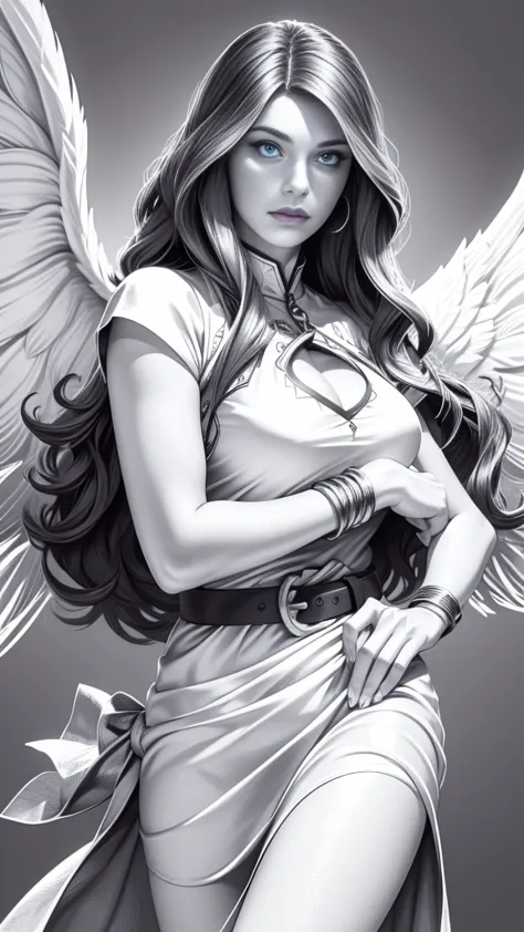 jflw,an animation of a woman in a white dress with a golden belt and wings on her head and her hair in her hand, stanley artgerm...