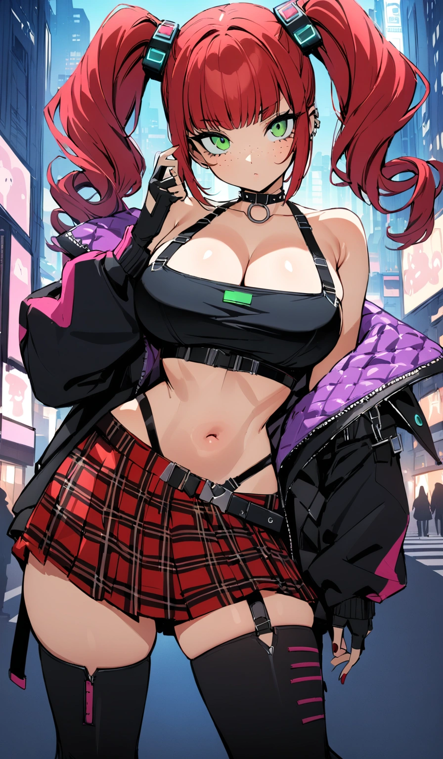 woman, curly red hair in pig tails, green eyes, wearing crop top black shirt, long black jacket, red plaid skirt, (black knee high boots), black fingerless gloves, exposed shoulders, large breasts, freckles, cleavage, looking at viewer, masterpiece, best quality, Holo-Punk Style, in the city