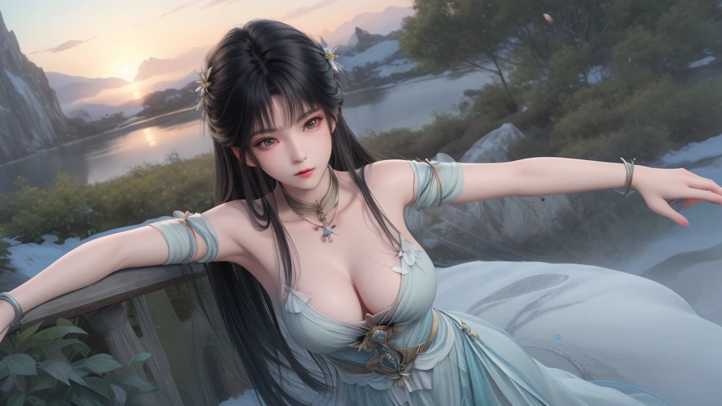 8k,RAW photo,best quality,masterpiece,hatching (texture),skin gloss,light persona,artbook,extremely detailed CG unity 8k wallpaper,official art,
(high detailed skin),glossy skin,contrapposto,female focus,(sexy:1.2),fine fabric emphasis,wall paper,
1girl,cleavage,full body,hair ornament,white dress,solo,portrait,weapon,large breasts,expressionless,
ripples,blue circle,petals,branch,snowing,snow,bird,mountain,sky,leaf,
lxq-hd,ll-hd,ty-hd,