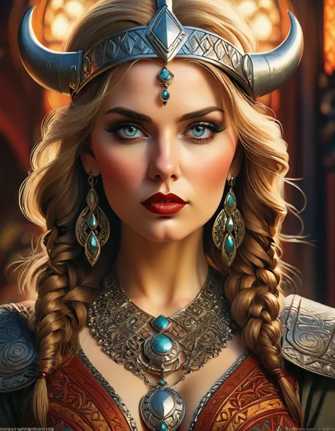 a beautiful busty viking woman, intricate art deco style portrait, highly detailed face, intense eyes, full lush lips, detailed ...