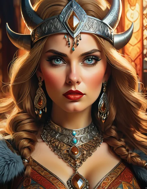 a beautiful busty viking woman, intricate art deco style portrait, highly detailed face, intense eyes, full lush lips, detailed ...