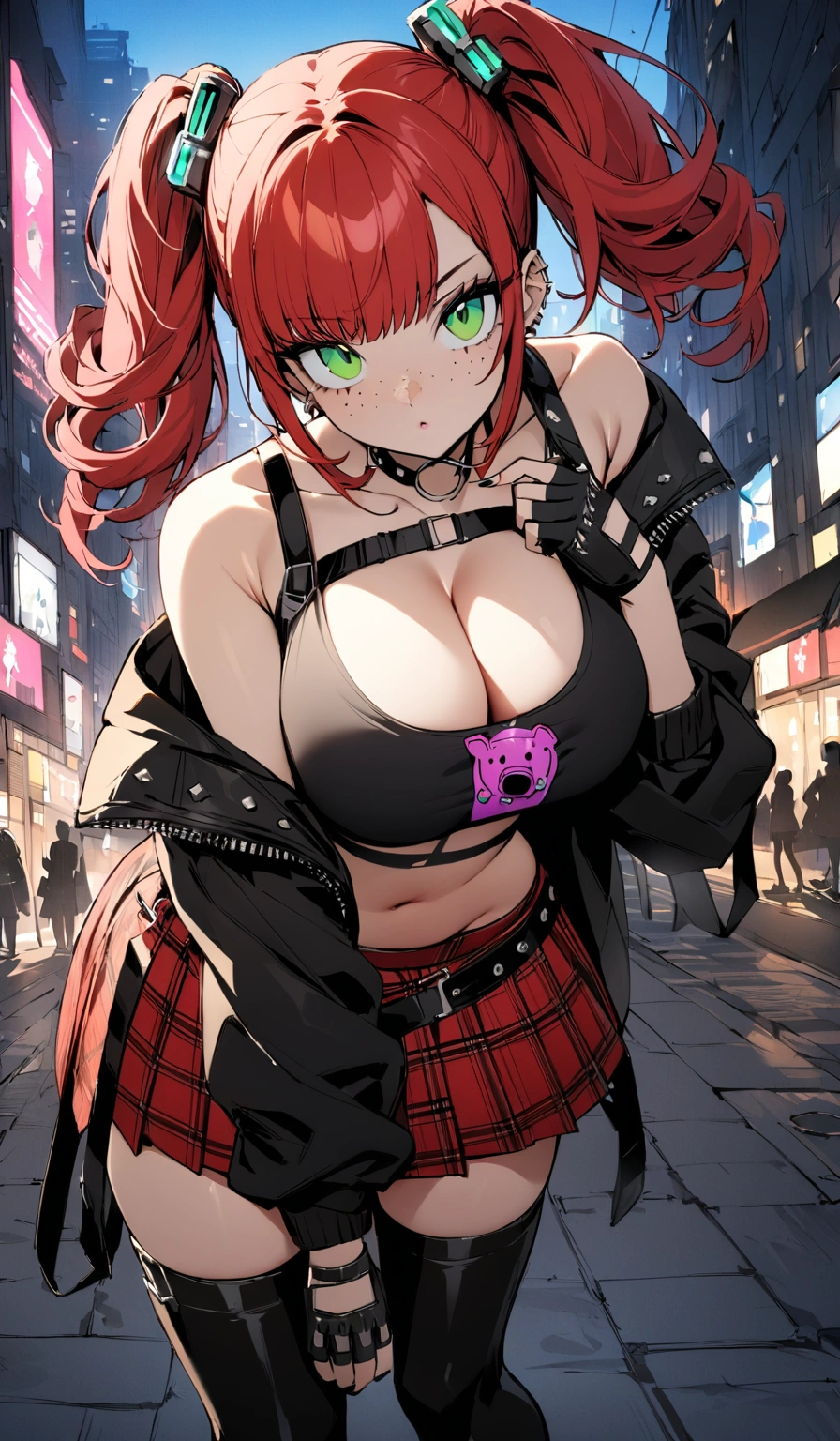 woman, curly red hair in pig tails, green eyes, wearing crop top black shirt, long black jacket, red plaid skirt, (black knee high boots), black fingerless gloves, exposed shoulders, large breasts, freckles, cleavage, looking at viewer, masterpiece, best quality, Holo-Punk Style, in the city