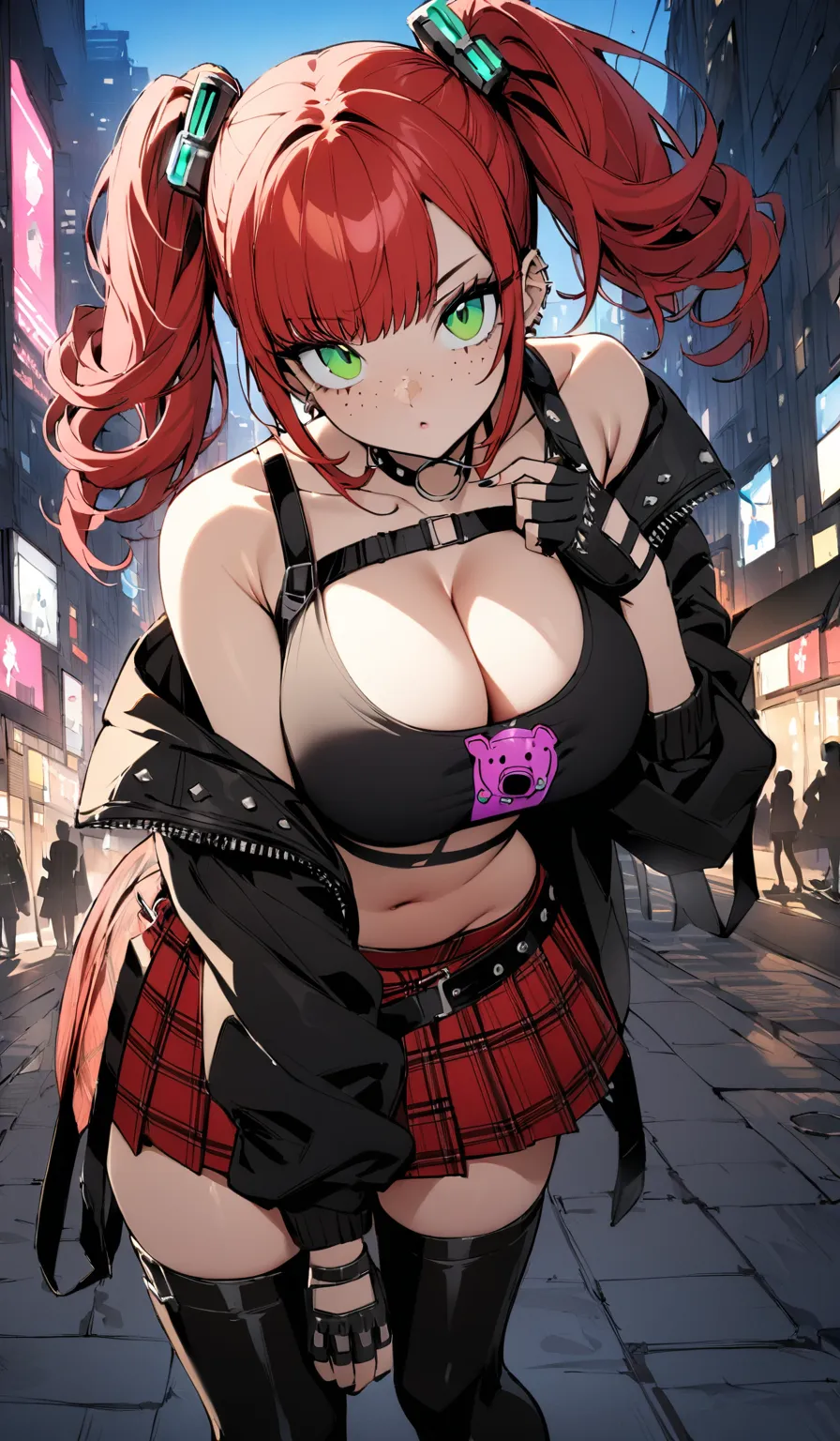 woman, curly red hair in pig tails, green eyes, wearing crop top black shirt, long black jacket, red plaid skirt, (black knee hi...