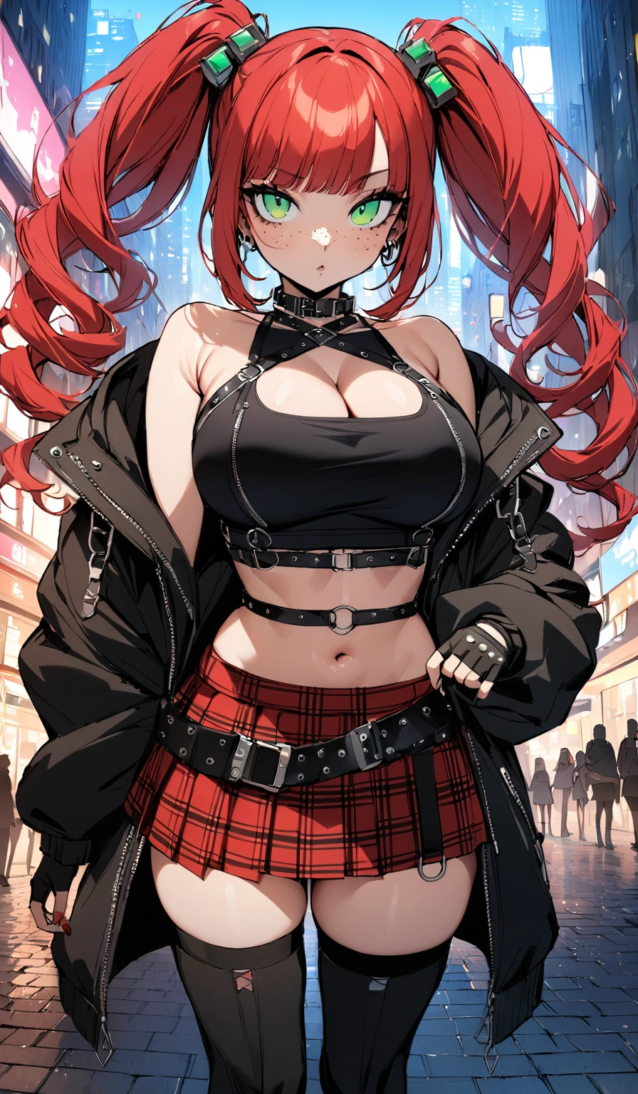 woman, curly red hair in pig tails, green eyes, wearing crop top black shirt, long black jacket, red plaid skirt, (black knee high boots), black fingerless gloves, exposed shoulders, large breasts, freckles, cleavage, looking at viewer, masterpiece, best quality, Holo-Punk Style, in the city