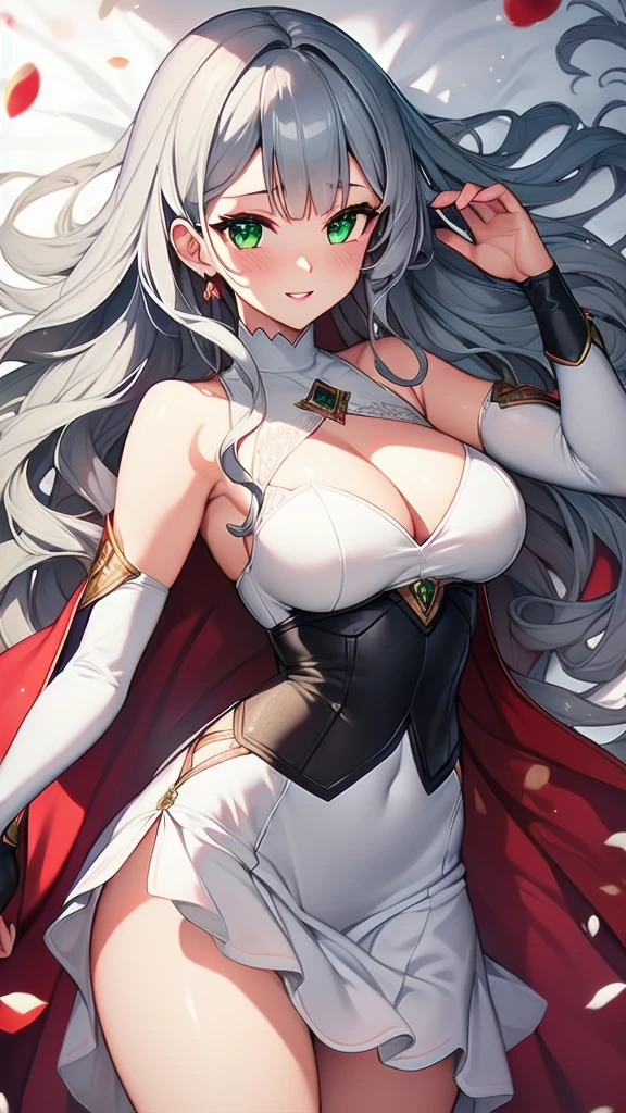 (masterpiece, best quality, ultra-detailed, best shadow), solo girl, bright gray hair, green eyes, long hair, medium breasts, sexy body and face, wavy hair, smile, parted lips, red lips, circlet, skirt, bridal gauntlets, jewelry, cape, bare shoulders, sandals, sleeveless dress, red cape, long sleeves, wide sleeves, side slit, white dress, detached sleeves, turtleneck, ribbon, pink dress, fingerless gloves, cafe, sexy pose, cowboy shots, sharp focus, vibrant, creative, dynamic, high definition, high resolution, 8k, (Upscale: R-ESRGAN 4x+ Anime6mage enchance:4x), voluptuous body, cinema lightning, dakimakura style, looking at the viewer,