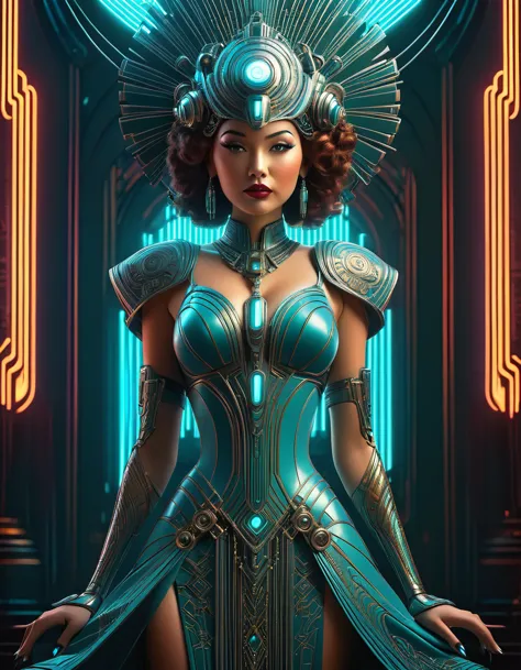 a beautiful busty art deco space woman, elegant futuristic dress, intricate mechanical details, elaborate headdress, glowing cyb...