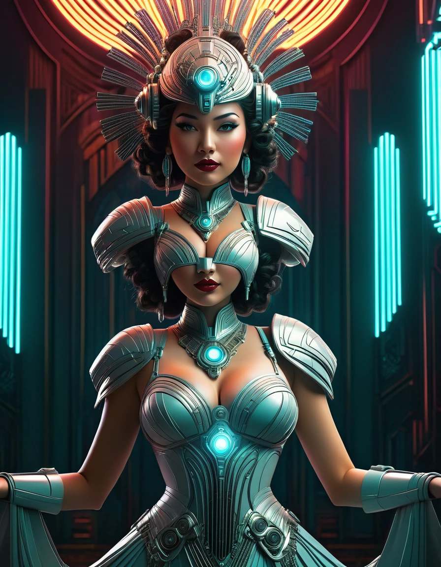 a beautiful busty art deco space woman, elegant futuristic dress, intricate mechanical details, elaborate headdress, glowing cyberpunk neon lights, cinematic dramatic lighting, highly detailed, photorealistic, 8k, hyper detailed, masterpiece, intricate patterns, muted color palette, chiaroscuro lighting