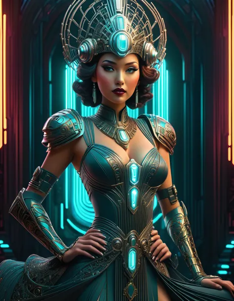 a beautiful busty art deco space woman, elegant futuristic dress, intricate mechanical details, elaborate headdress, glowing cyb...