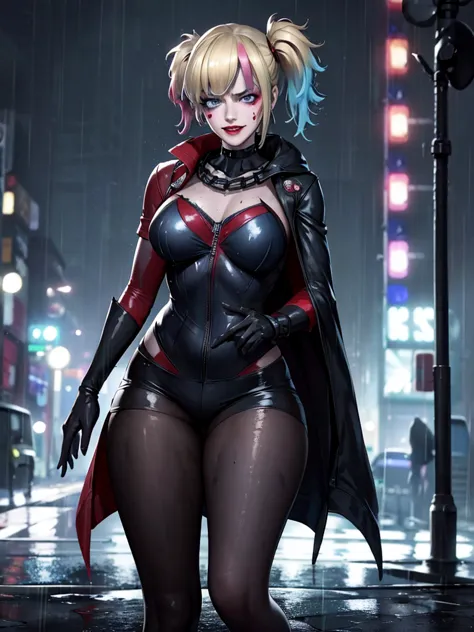 harley quinn, dressed in the batman suit, stands confidently on the rain-soaked streets of gotham city at night. the dark, wet p...