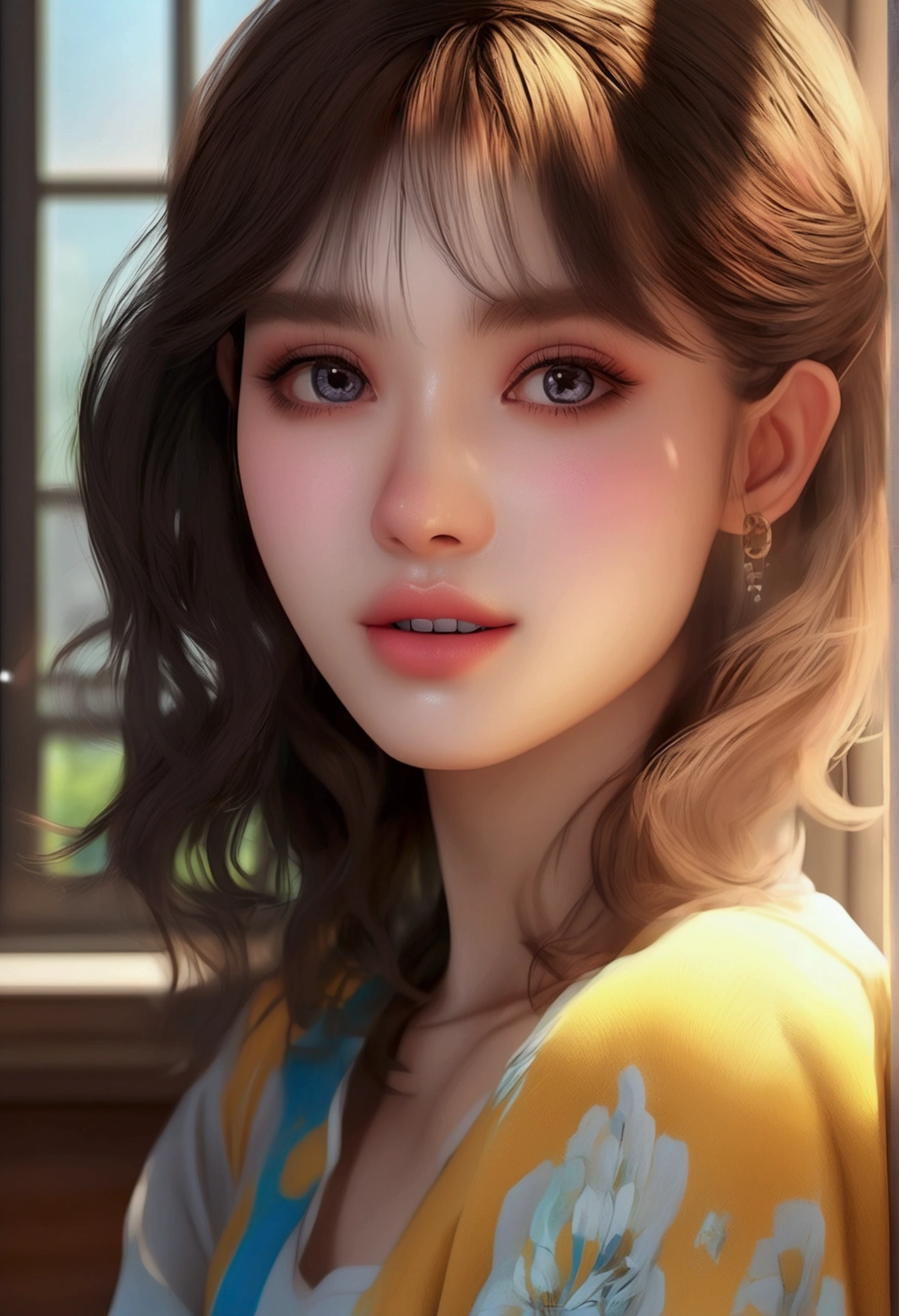 a beautiful e-girl, detailed face with beautiful eyes, lips, long eyelashes, messy hair, wearing colorful casual outfit, enjoying weekend in a cozy room, sunlight shining through the window, (best quality,4k,8k,highres,masterpiece:1.2),ultra-detailed,(realistic,photorealistic,photo-realistic:1.37),intricate details, soft lighting, warm color palette, beautiful composition
