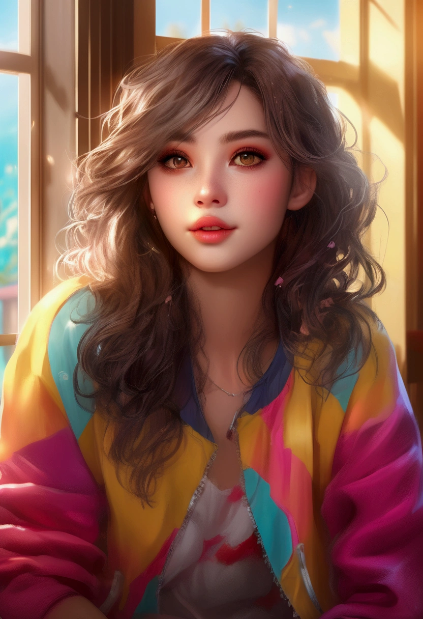 a beautiful e-girl, detailed face with beautiful eyes, lips, long eyelashes, messy hair, wearing colorful casual outfit, enjoying weekend in a cozy room, sunlight shining through the window, (best quality,4k,8k,highres,masterpiece:1.2),ultra-detailed,(realistic,photorealistic,photo-realistic:1.37),intricate details, soft lighting, warm color palette, beautiful composition
