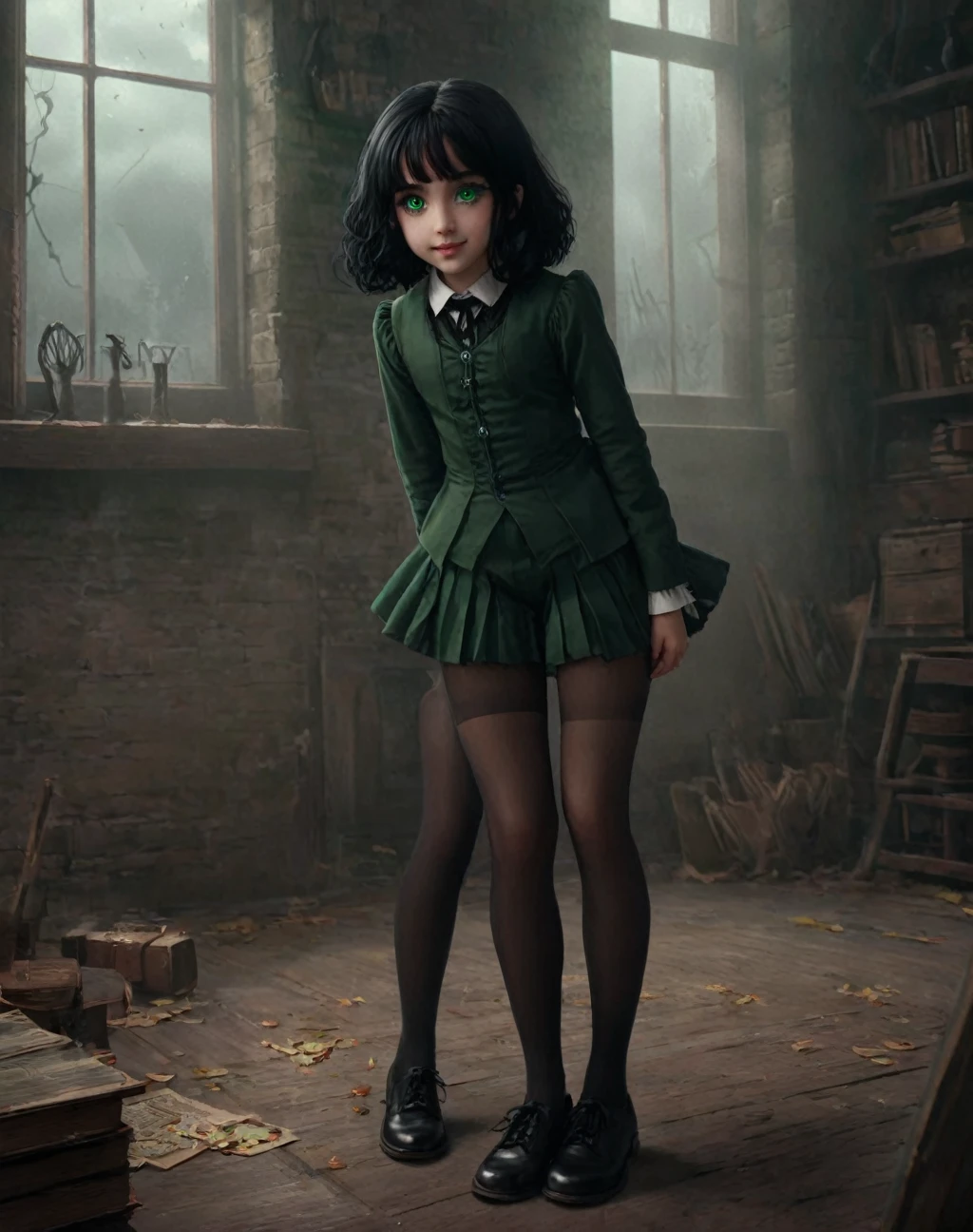 young 9-year-old daughter of severus snape, black hair and green eyes, Gruesome and spooky details、An atmosphere full of suspense and tension、Psychological horror、Cute Smile、Mysterious and unsettling atmosphere、A terrifying moment、Nightmare scenario、Alice in Wonderland、Showing off her panties、Big shoes、Enthusiastic atmosphere、Mischievous Smile、Expressive gestures、Comical movement、