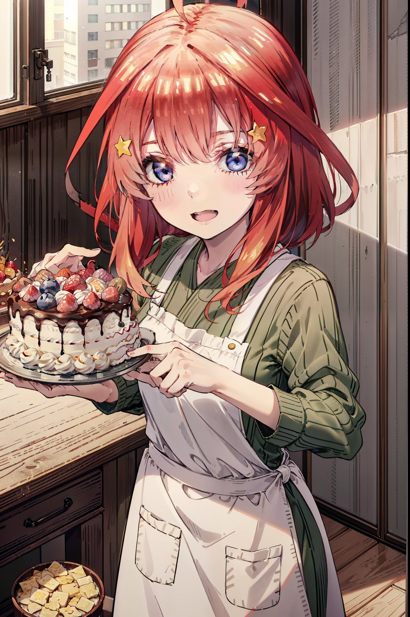 itsukinakano, Itsuki Nakano, bangs, blue eyes, Hair between the eyes, Ahoge, Redhead, star \(symbol\), hair ornaments,happy smile, smile, Open your mouth,cracker, star hair ornaments,Red Tank Top,Long skirt,Black pantyhose,apron,Walking,There is food and a birthday cake on the table,
break indoors, room,
break looking at viewer,Upper Body,
break (masterpiece:1.2), Highest quality, High resolution, unity 8k wallpaper, (figure:0.8), (Beautiful attention to detail:1.6), Highly detailed face, Perfect lighting, Highly detailed CG, (Perfect hands, Perfect Anatomy),