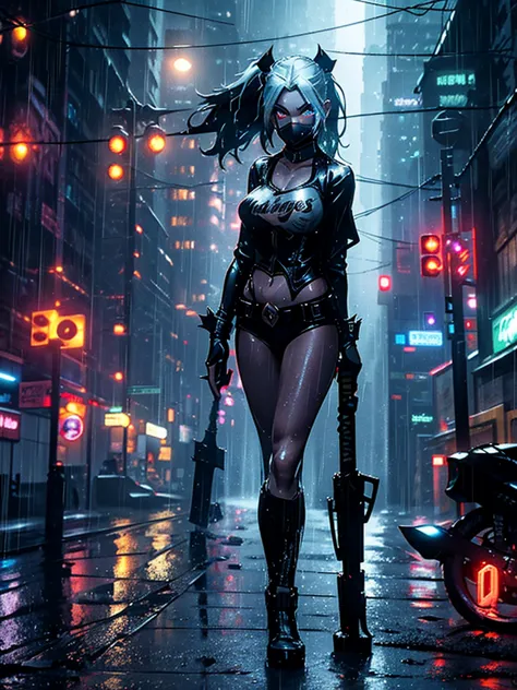 harley quinn, dressed in the batman suit, stands confidently on the rain-soaked streets of gotham city at night. the dark, wet p...