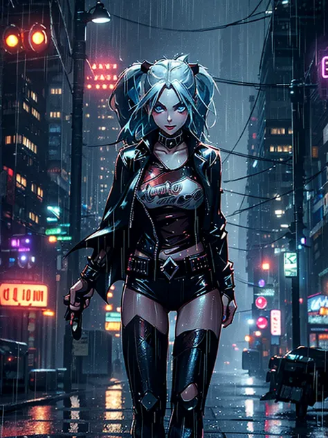 harley quinn, dressed in the batman suit, stands confidently on the rain-soaked streets of gotham city at night. the dark, wet p...