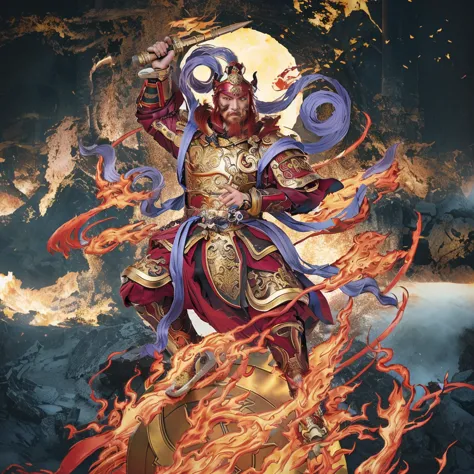 red hair male chinese warrior (3 eyes) asura look, ancient chinese armour, surrounded by fire, sending on a huge wheel, holding ...