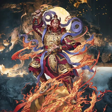 red hair male chinese warrior (3 eyes) asura look, ancient chinese armour, surrounded by fire, sending on a huge wheel, holding ...