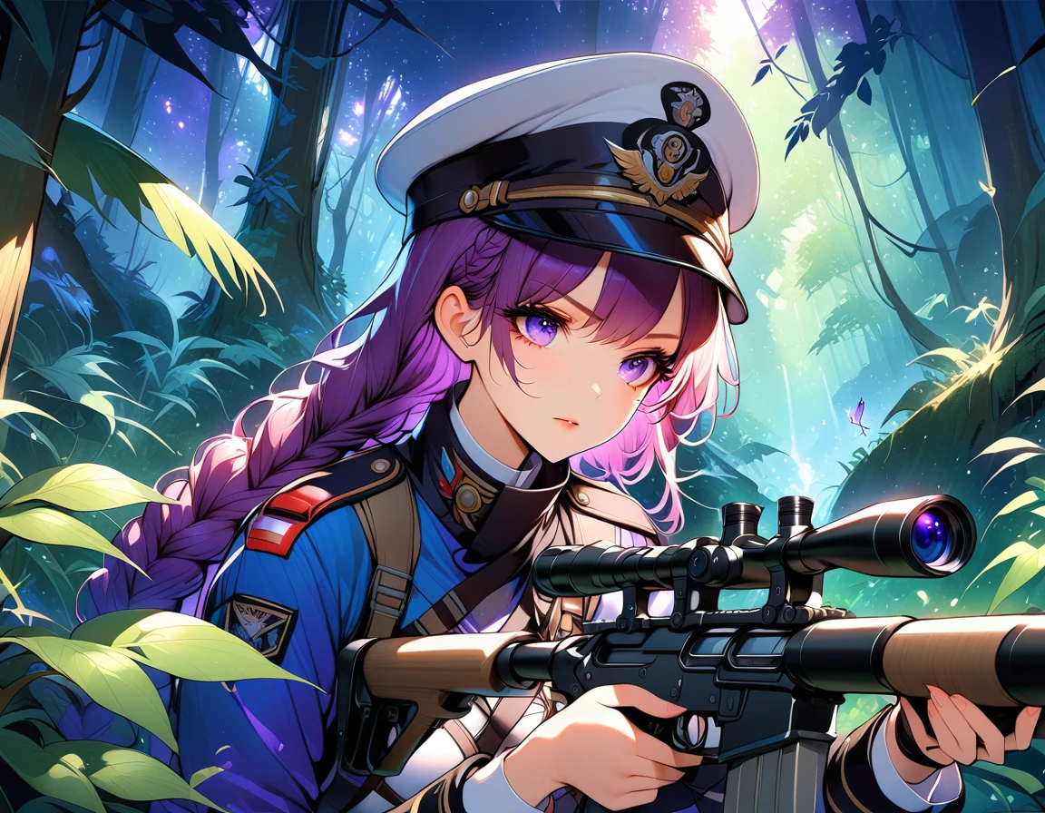 A female sniper,Octetopter， Intricate details, Highly detailed military uniform, Delicate face, beautiful eyes, Long eyelashes, Determine the expression, Holding, In a forest environment, Sunlight through the trees, light, Vibrant colors, Drama, masterpiece,Aim the lens