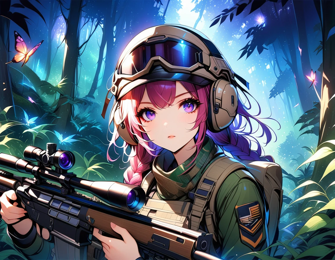 A female sniper,Octetopter， Intricate details, Highly detailed military uniform, Delicate face, beautiful eyes, Long eyelashes, Determine the expression, Holding, In a forest environment, Sunlight through the trees, light, Vibrant colors, Drama, masterpiece,Aim the lens