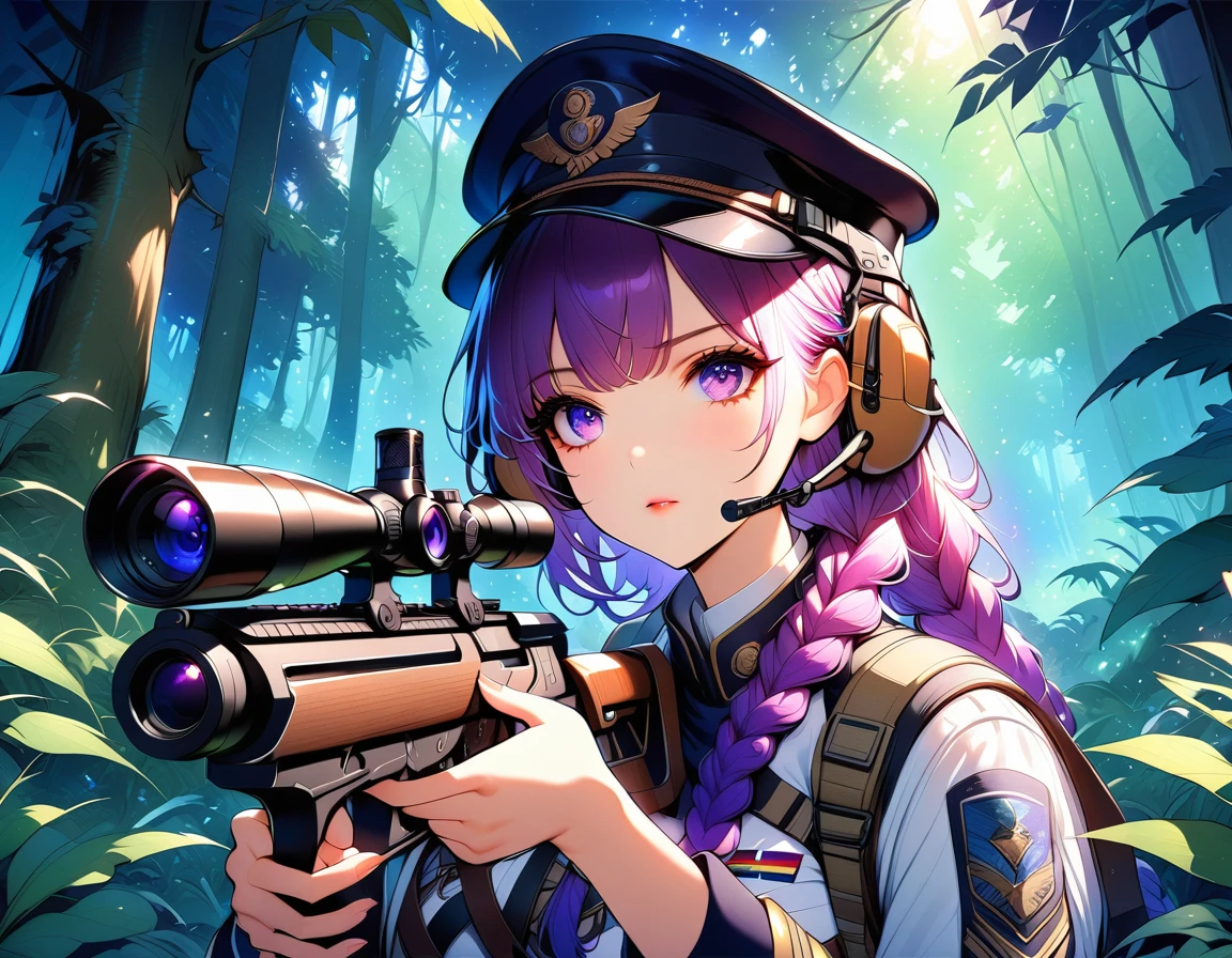 A female sniper,Octetopter， Intricate details, Highly detailed military uniform, Delicate face, beautiful eyes, Long eyelashes, Determine the expression, Holding, In a forest environment, Sunlight through the trees, light, Vibrant colors, Drama, masterpiece,Aim the lens