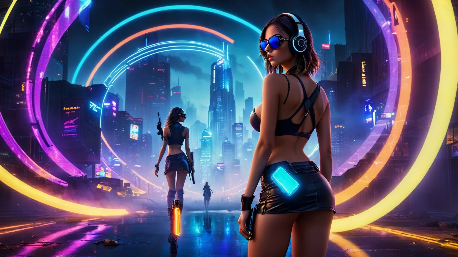 dark futuristic landscape, at night, neon lights, Atmospheric fog, large buildings in the background, futuristic city, streets with open shops, skyscraper (postapocalyptic city:1.3). (((1girl, solo, alone))), large-breast:1.2 slim body, cleavage:1.1, sexy miniskirt, (((headphone, black sunglasses, standing and holding pistol pose))), (((half-body thigh level medium shot))), cinematic lighting, lens flare, ray tracing.