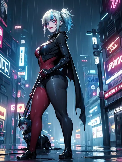 harley quinn, dressed in the batman complete suit, stands confidently on the rain-soaked streets of gotham city at night. the da...