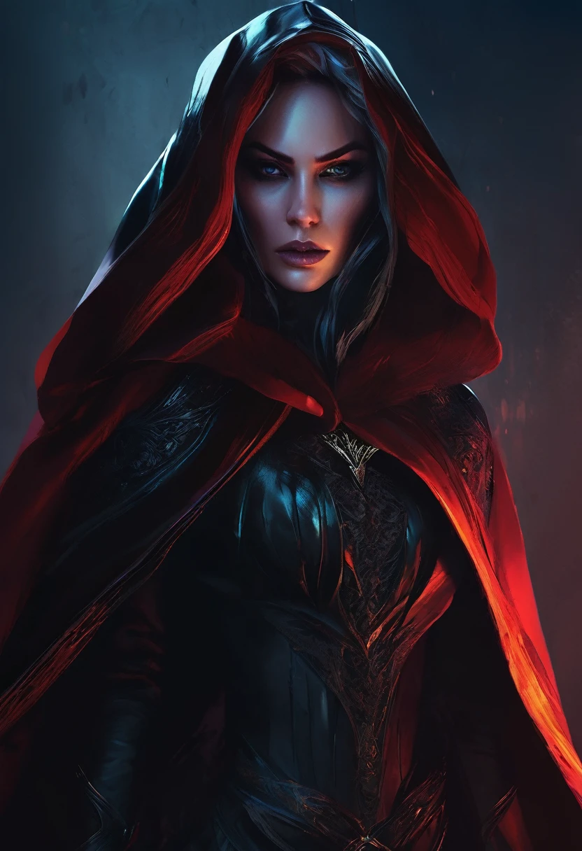 a beautiful female villain, cold and calculating expression, piercing gaze, dramatic lighting, cinematic composition, dark fantasy, dramatic pose, mysterious and alluring, chiaroscuro lighting, intricate details, moody and atmospheric, dramatic costume, flowing cape, sharp features, intense colors, powerful and ominous presence, digital painting, concept art style