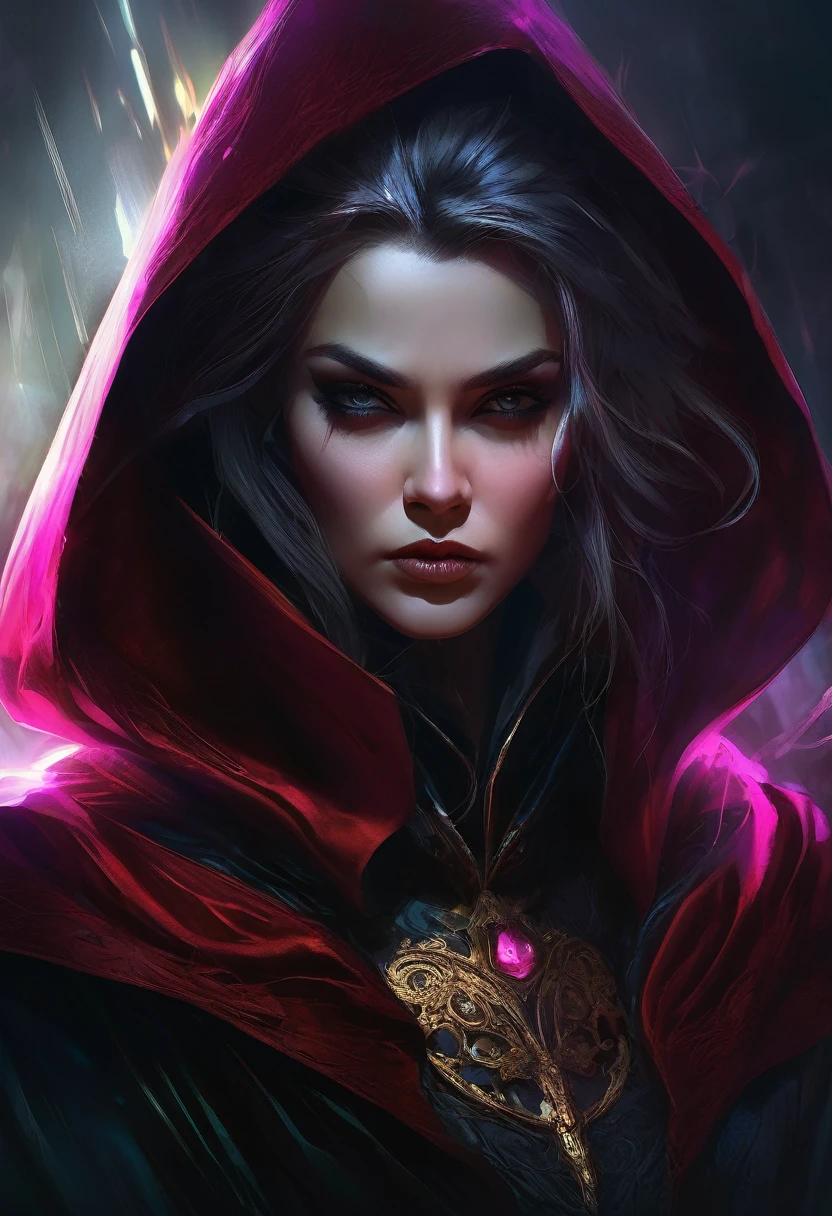 a beautiful female villain, cold and calculating expression, piercing gaze, dramatic lighting, cinematic composition, dark fantasy, dramatic pose, mysterious and alluring, chiaroscuro lighting, intricate details, moody and atmospheric, dramatic costume, flowing cape, sharp features, intense colors, powerful and ominous presence, digital painting, concept art style