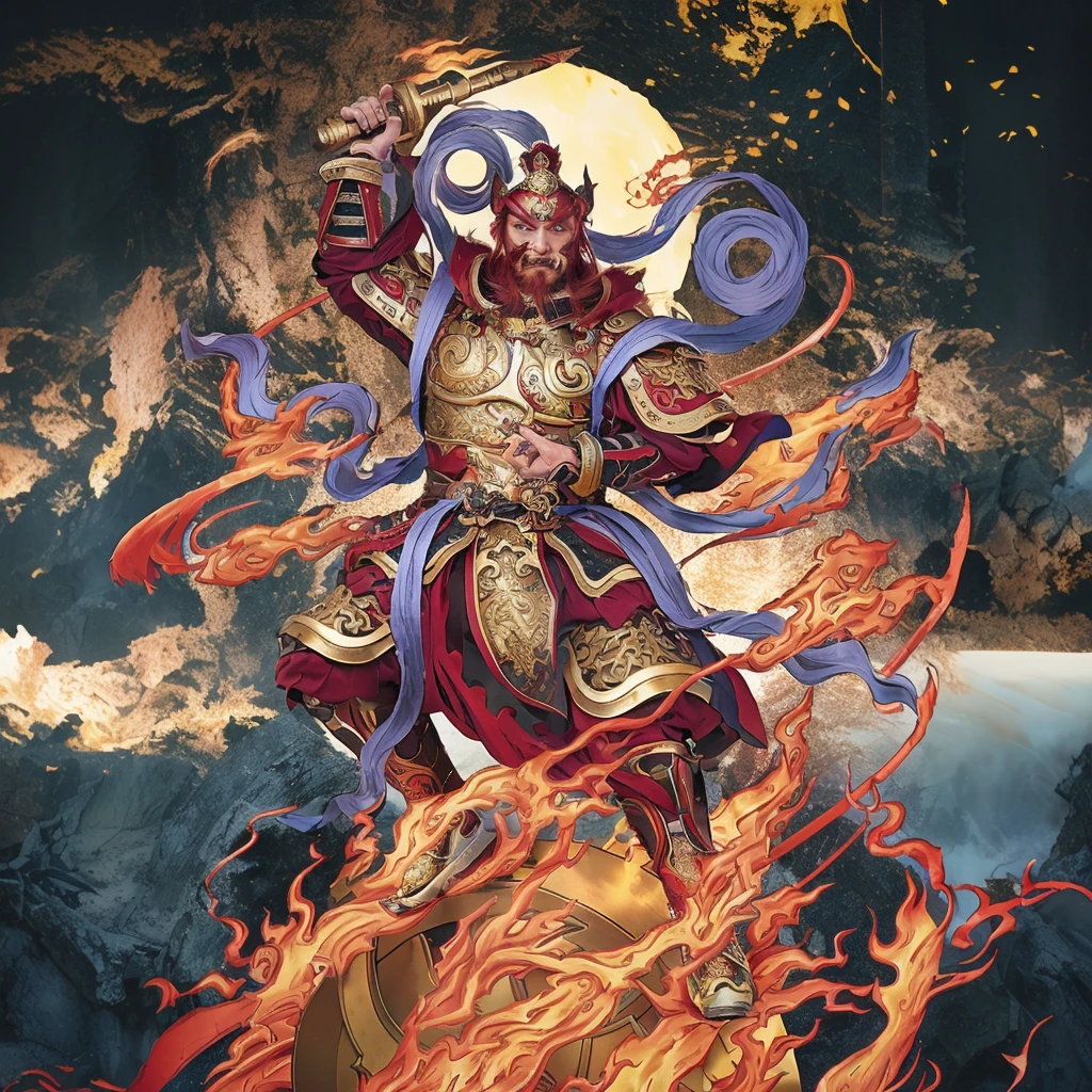 red hair male Chinese warrior (3 eyes) asura look, ancient Chinese armour, surrounded by fire, sending on a huge wheel, holding a metal whip weapon (sword), purple deity ribbon, fierce look, 