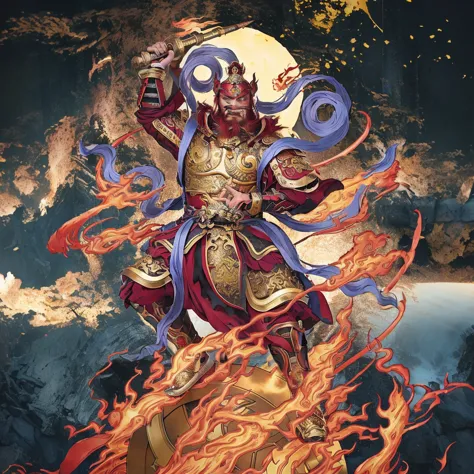 red hair male Chinese warrior (3 eyes) asura look, ancient Chinese armour, surrounded by fire, sending on a huge wheel, holding ...