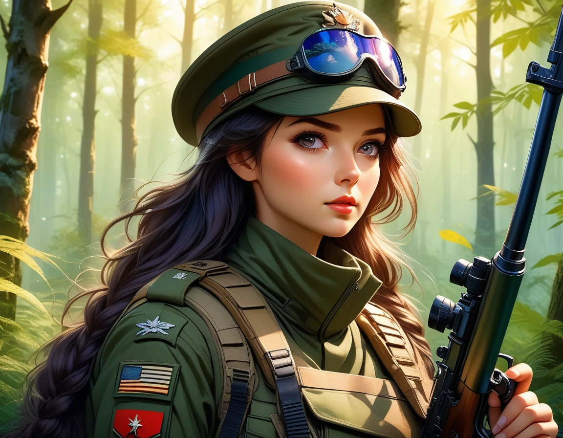 A female sniper,Octetopter， Intricate details, Highly detailed military uniform, Delicate face, beautiful eyes, Long eyelashes, Determine the expression, Holding, In a forest environment, Sunlight through the trees, light, Vibrant colors, Drama, masterpiece,Aim the lens