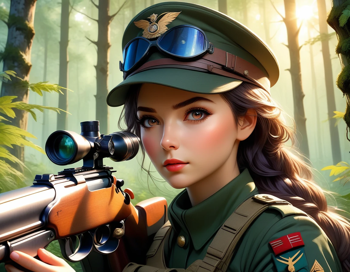 A female sniper,Octetopter， Intricate details, Highly detailed military uniform, Delicate face, beautiful eyes, Long eyelashes, Determine the expression, Holding, In a forest environment, Sunlight through the trees, light, Vibrant colors, Drama, masterpiece,Aim the lens