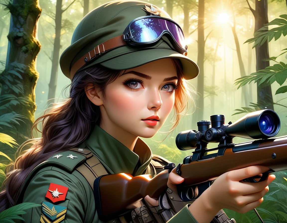 A female sniper,Octetopter， Intricate details, Highly detailed military uniform, Delicate face, beautiful eyes, Long eyelashes, Determine the expression, Holding, In a forest environment, Sunlight through the trees, light, Vibrant colors, Drama, masterpiece,Aim the lens