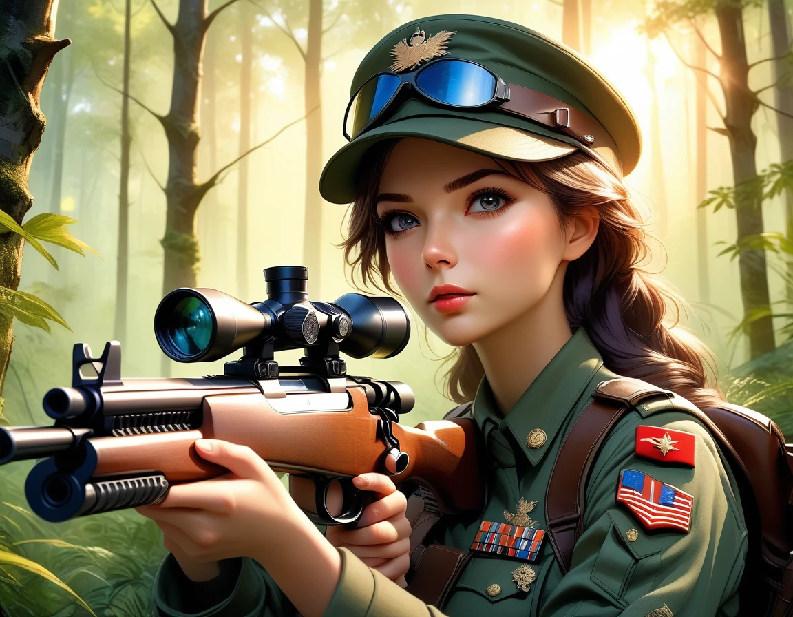 A female sniper,Octetopter， Intricate details, Highly detailed military uniform, Delicate face, beautiful eyes, Long eyelashes, Determine the expression, Holding, In a forest environment, Sunlight through the trees, light, Vibrant colors, Drama, masterpiece,Aim the lens