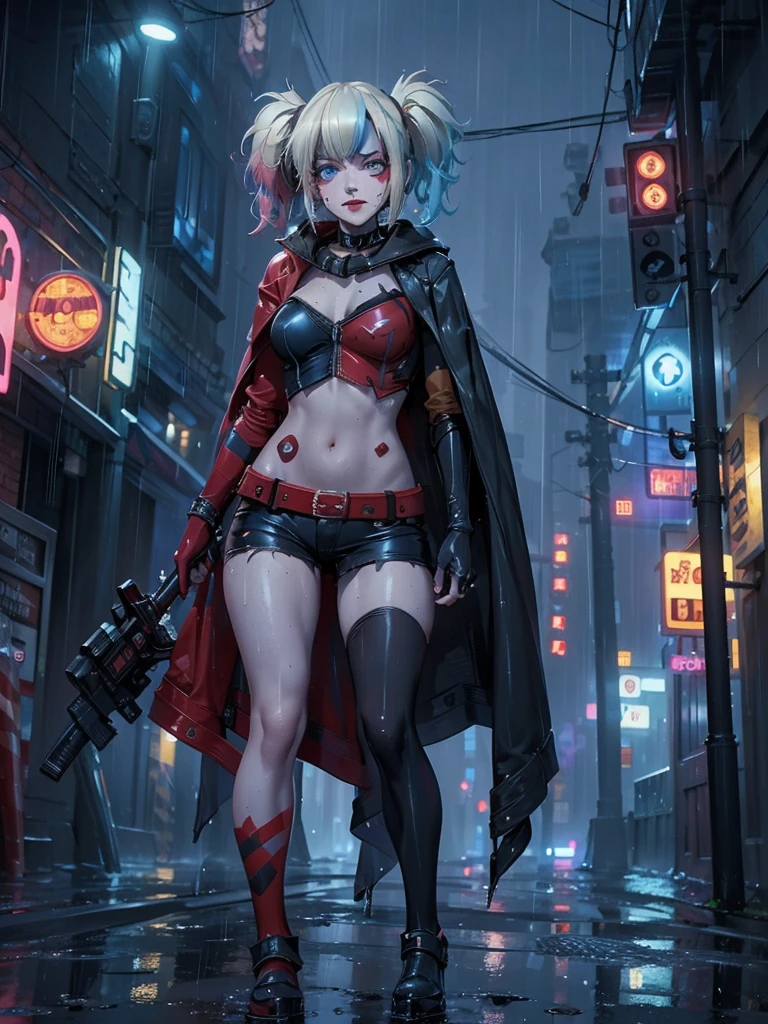 Harley Quinn, dressed in the complete Batman suit, stands confidently on the rain-soaked streets of Gotham City at night. The dark, wet pavement glistens under the intense downpour, highlighting the intricate details of her Batsuit. Her expression is stern, masked gaze fixed forward. A long, black cape billows behind her, flapping in the wind as she stands firm against the torrential rain. Neon lights from nearby signs and buildings cast an eerie glow, illuminating the dark atmosphere. The rain-soaked streets stretch out before her, leading into the distance with a sense of depth and perspective. Harley's drenched appearance adds to the gritty, dystopian ambiance.