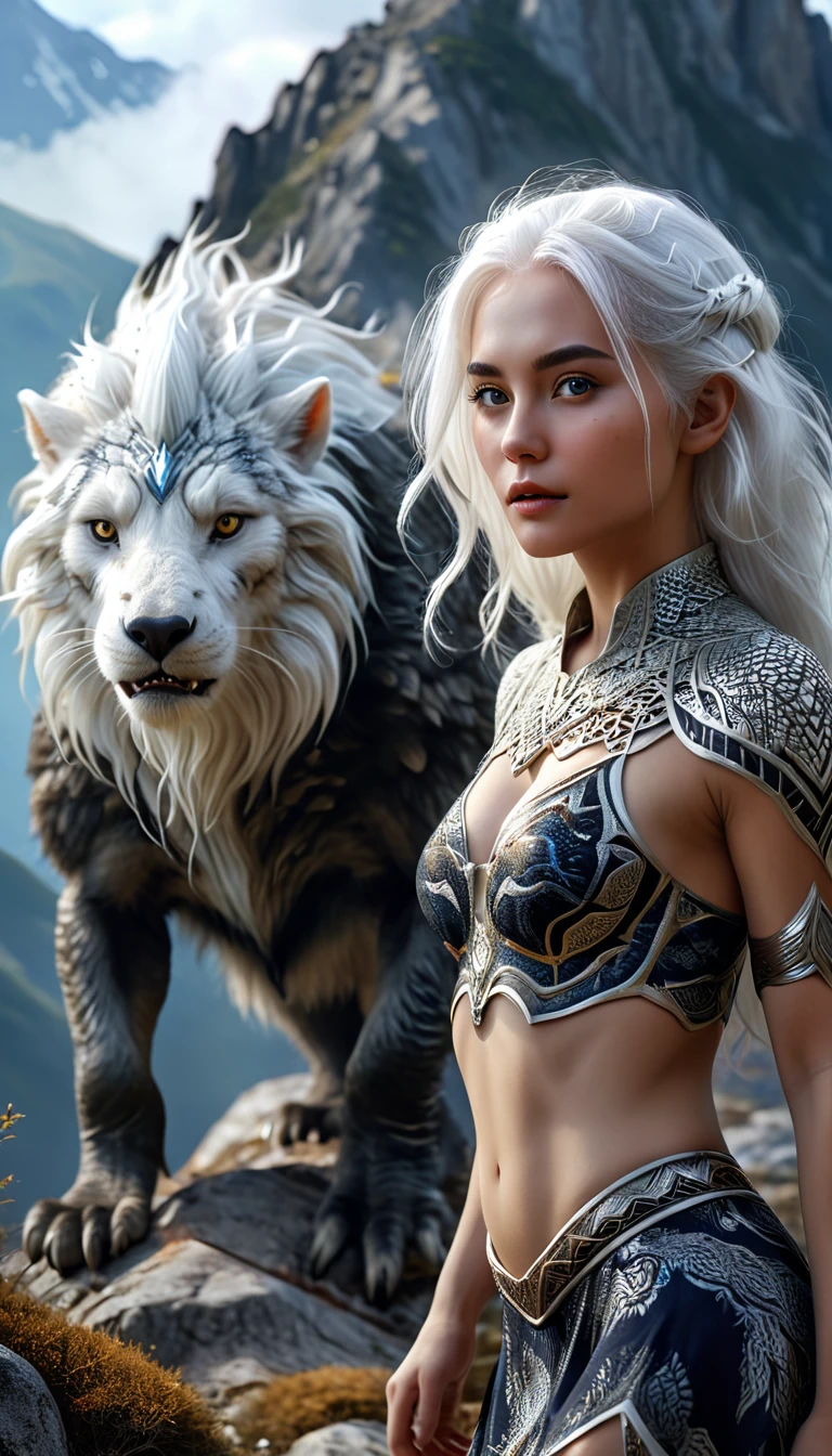 There is a creature on the mountain，human face，White hair，three legs（best quality，4K，8k，High level，masterpiece：1.2），Ultra Detailed，（lifelike，Photo real，Photo real：1.37），Highly detailed animals，Complex patterns，Realistic lighting，Fantasy Creatures