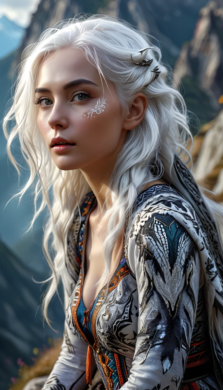 There is a creature on the mountain，human face，White hair，three legs（best quality，4K，8k，High level，masterpiece：1.2），Ultra Detailed，（lifelike，Photo real，Photo real：1.37），Highly detailed animals，Complex patterns，Realistic lighting，Fantasy Creatures