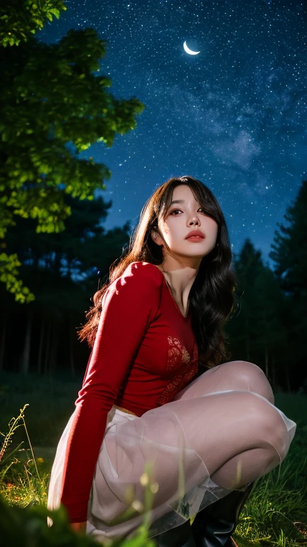 Dark skinned girl, Red clothes, Long sleeve puff shirt, Tulle skirt, White boots, Night Forest, moonlight, Giant Moon, darkness, View from below,moonlight,Backlight,Shiny Hair,Shiny Skin,Glamorous Body,is,High resolution, Long Hair, solo, Nipple erection,No bra,god々Shining light,