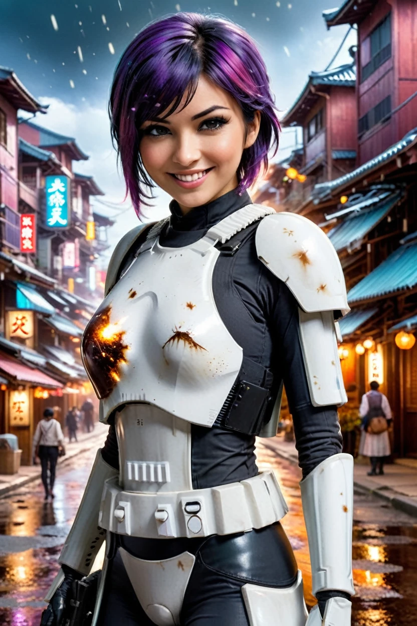 watercolor splash photo sabine wren, big breast ,big smile, ], wearing storm trooper armor at tanzaku town. art by aliza razell, vibrant, beautiful, low light, artistic, high-energy, detailed, iconic, colorful explosion